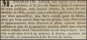 Thomas Charles Ahier advertised the remainder of his furniture and effects at his Gorey house in 1830