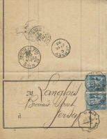 An envelope addressed to Mr Langlois in Burrard Street in 1892. This was probably Mr John R Langlois, who was listed as the occupant of No 3 in a 1890 almanac and also the following's year's census. Born in St Clement in 1855, he was a bootmaker, married to Jane, and with a son, John, and daughter, Jane