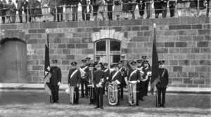 Salvation Army band on the Albert Pier for the departure of Lieut-Governor Bingham