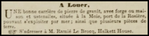 Ramie Le Brocq advertised La Moye Quarry to let in Chronique de Jersey in 1850