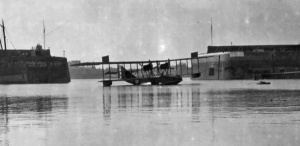 A flying boat manoeuvres into St Helier Harbour