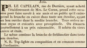 Philippe Le Caplain continued the King Street leather business of Mrs Le Cornu in 1825