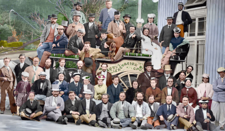 19th century excursion passengers gathered for a group photograph at Greve de Lecq