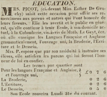 Esther Picot, nee de Gruchy, advertised her school in Colomberie in Chronique de Jersey in 1817