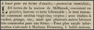 Madame Dumaresq advertised the land surrounding her property at Millbrook to rent in 1825