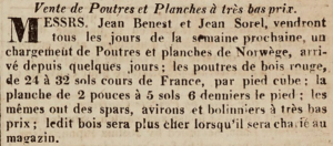 Jean Benest and Jean Sorel advertised Norwegian wood for sale in 1816