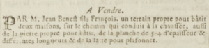 Jean Benest, son of Francois, advertised a plot for two houses for sale on Pier Road in 1805