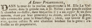 Elie Le Vesconte advertised a property to let in the courtyard of his Broad Street house in Gazette de l'Ile de Jersey in 1807
