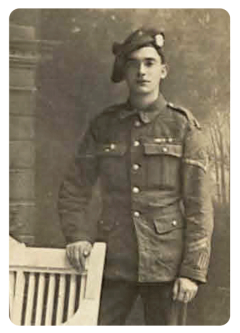 Lance-Corporal William Quenault, DCM, 1st Battalion Highland Light Infantry, was a serving soldier at the outbreak of war and was in France by 14 August 1914. In July 1915 during the original battle of the Somme he single-handedly took out an enemy machine gun, killed its crew and turned the gun on the German lines, for which he was awarded the Distinguished Conduct Medal. We have no definite information about his family, and strangely he is not listed in the Roll of Service 1914-1918. We believe, however, that he was probably William Albert Quenault, born in 1880, the son of Francis and Eliza, nee Sebo