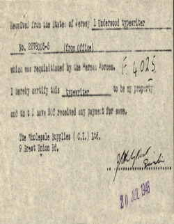 Receipt for return of the typewriter six years later