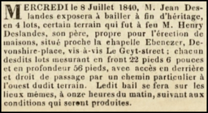 In 1840 Jean Deslandes offered for sale four plots of land near Ebenezer Chapel in Devonshire Place, owned by his late father