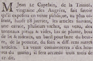 Jean Le Capelain, of Augres, Trinity, advertised a sale of livestock in Gazette de l'Ile de Jersey in 1799