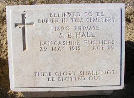 The memorial to Great War casualty Stanley Roberts Hall at Redoubt Cemetery, Helles, Turkey