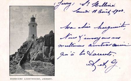 The front of the card, a typical design at the turn of the century, with space for a message alongside the picture of Corbiere lighthouse
