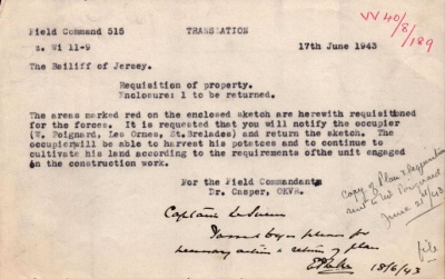 Requisition of land below the Airport runway owned by W Poignard of Les Ormes, St Brelade