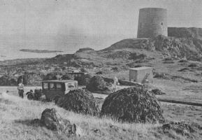 Large mounds in front of the coastal tower at L'Etacq in the 1930s. The tower was demolished during the German Occupation