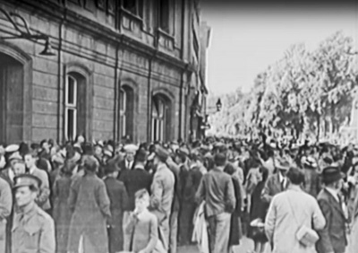 A crowd gathered outside the Town Hall
