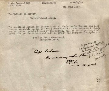 1943 notification that vegetable gardens and fields at La Profonde Rue and La Rosiere were no longer needed and could be returned to their owners