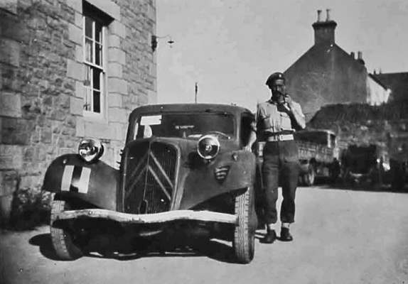 I had a Citroen for my own use. Here it is standing in front of an 88mm anti-aircraft gun. This car was most intriguing. It was front-wheel drive, 15hp, very low slung, would seat six people in comfort and had an impressive performance. It did 24 mpg of petrol, had terrific acceleration and a genuine top speed of 75 mph.