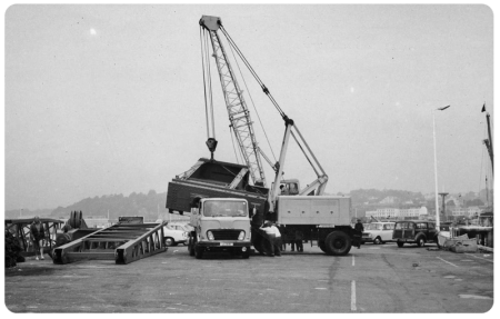 A crane being moved in 1971