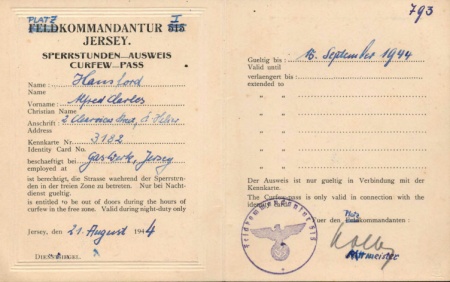 A curfew pass issued to Alfred Hansford during the Occupation as a member of the Honorary Police [1]