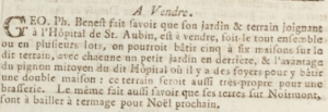 George Philippe Benest advertised in 1805 the sale of his garden and land adjoining St Aubin’s Hospital. The land was suitable for building five or six houses