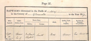 1817 baptism record of Thomas Smith (generation 2)
