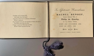 A funeral card for Philip de Gruchy's wife Rachel, nee Renouf, who died in 1914 at the age of 60