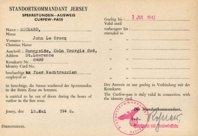 A curfew pass issued to John Bichard during the Occupation as a Member of the Honorary Police [2]