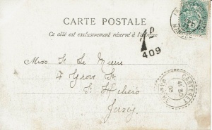 This card was sent to Miss S Le Miere in Grove Street in 1903. We had not previously been able to identify her but have now been told that she was most probably Florence Elise Le Mierre, who would have been 15 at the time. In the 1901 census, the family lived at 4 Grove St. She was known in her family as 'Auntie Flossie'. She did not marry until she was 64, to Reginald Percy Carre, carpet fitter, widower aged 65