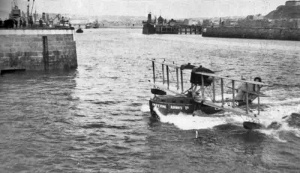 An Imperial Airways flying boat leaves St Helier Harbour prior to take-off