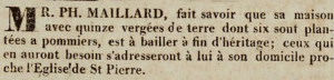 Philippe Maillard announced the sale of his house and 15 vergees of land near St Peter’s Church in 1815. Six vergees of the land were planted with apple trees