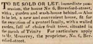 Mr Messervy offered 6 Beresford Street for sale or to let in 1833