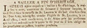 Laurens Ahier offered his St Lawrence farm, with greenhouse and 60-70 vergees for sale in March 1804