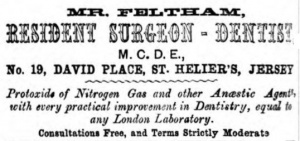 1873 advert for one of the many dentists who have had surgeries in David Place over a long period. It probably started when the street was in the middle of one of the most popular residential areas for affluent immigrants and the road was previously known as Rue es dentistes