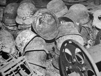 German helmets abandoned in a tunnel
