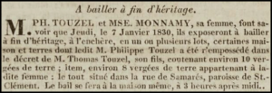 In 1830 Philippe Touzel and his wife Rachel, nee Monnamy, advertised for sale houses and land which had belonged to their late son Thomas in Rue de Samares, St Clement