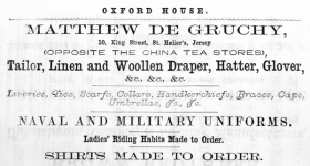 Matthew de Gruchy (1815- ), formerly a Tailor and Woollen Draper at 5, Beresford Street (1852- ), was a Linen and Woollen Draper at 10, King Street (1861-1880)