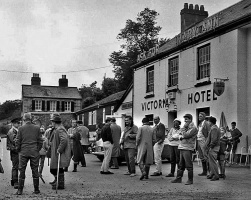A gathering outside the Victoria Hotel
