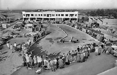 A demonstration circuit in the new shopping centre's car park at Les Quennevais in 1960