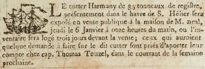Capt Thomas Touzel's 35-ton cutter Harmony was advertised for sale in the Gazette de l'Ile de Jersey in 1803