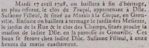 Susanne Filleul's Clos de Touzel at Marais a la Cocque, Grouville, was advertised for sale in Gazette de l'Ile de Jersey in 1799, with further land available to rent