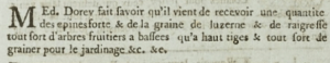 Edouard Dorey's 1803 advert in the Gazette de l'Ile de Jersey offering trees for sale. Presumably he assumed that every reader would know where to find him