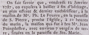 Sale of the late Jean Poingdestre's house advertised in the Gazette de l'Ile de Jersey in 1787