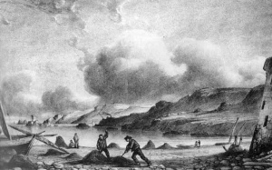 Ouless etching of Vraic collecting at St Catherine