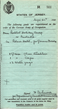 Portelet Holiday Camp was one of the major suppliers of items for use in other German billets. This requisition was for glasses, jugs and cups for Palace Hotel ...