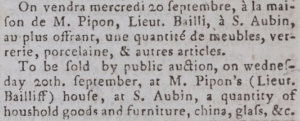 Lieut-Bailiff Pipon's St Aubin house was the venue for a sale of furniture and household effects in 1798