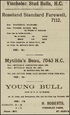H Roberts advertised his bulls in the Chronique de Jersey in 1939
