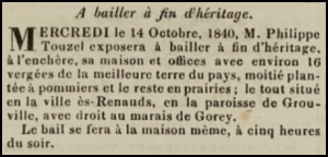 Philippe Touzel advertised his house and land at Ville-es-Renauds, Grouville in Chronique de Jersey in 1840. The 16 vergees of best farmland were half planted with apple orchards