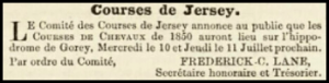 Announcement of the 1850 race meeting in Chronique de Jersey